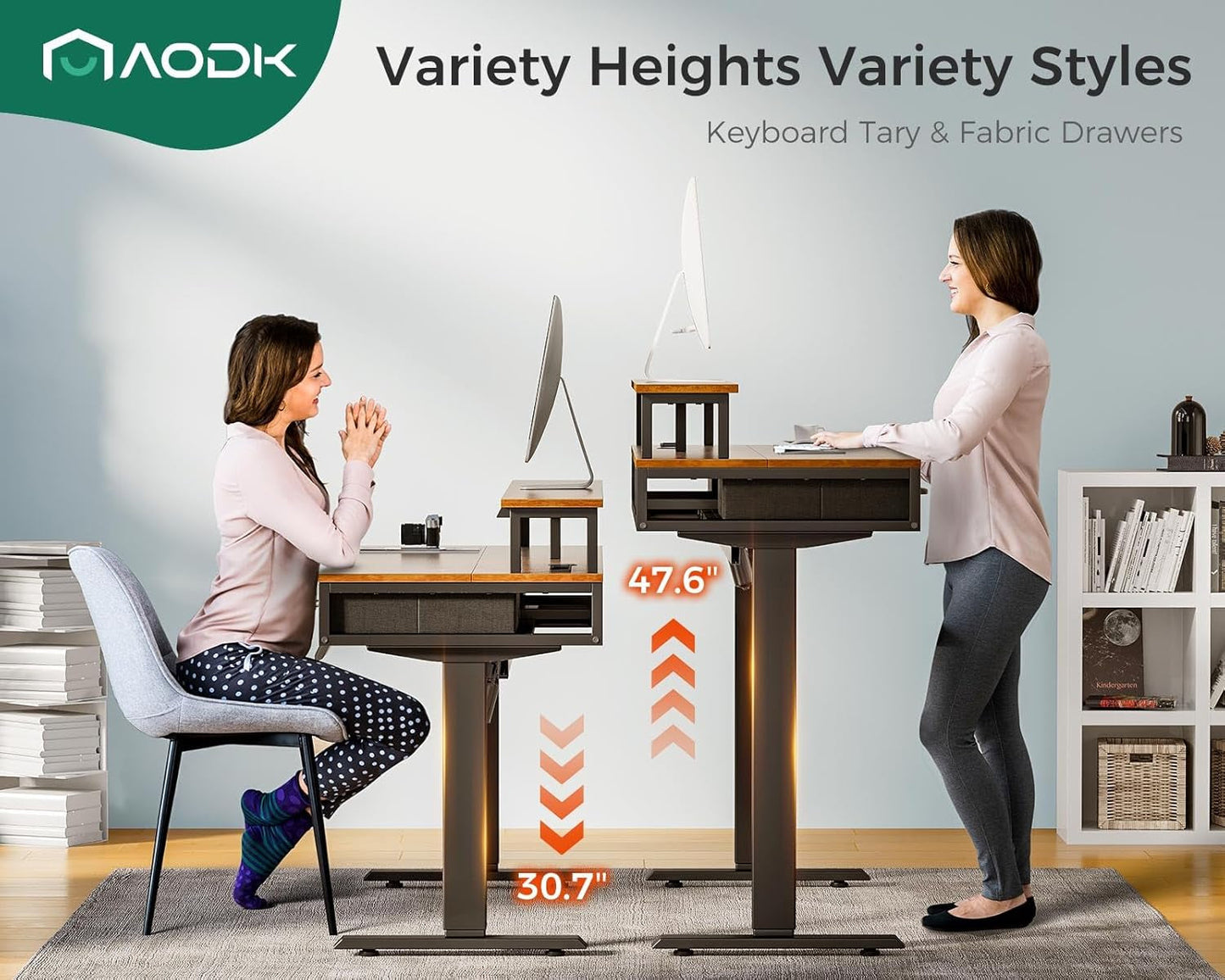 Electric Standing Desk with Drawers & Keyboard Tray, 55 Inch Height Adjustable Gaming Desk with Power Outlets & LED Lights, Sit Stand Table with Monitor Stand for Home, Office, Rustic Brown-3