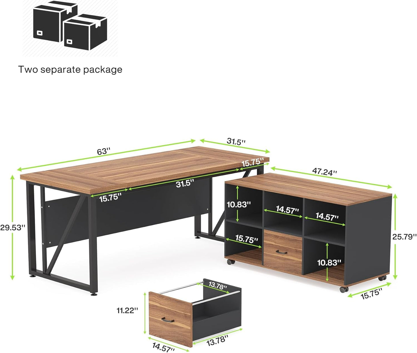63 Inches Executive Desk and 47" Lateral File Cabinet, L-Shaped Computer Desk Home Office Business Furniture with Drawers and Storage Shelves, Office Table,Brown and Black-1