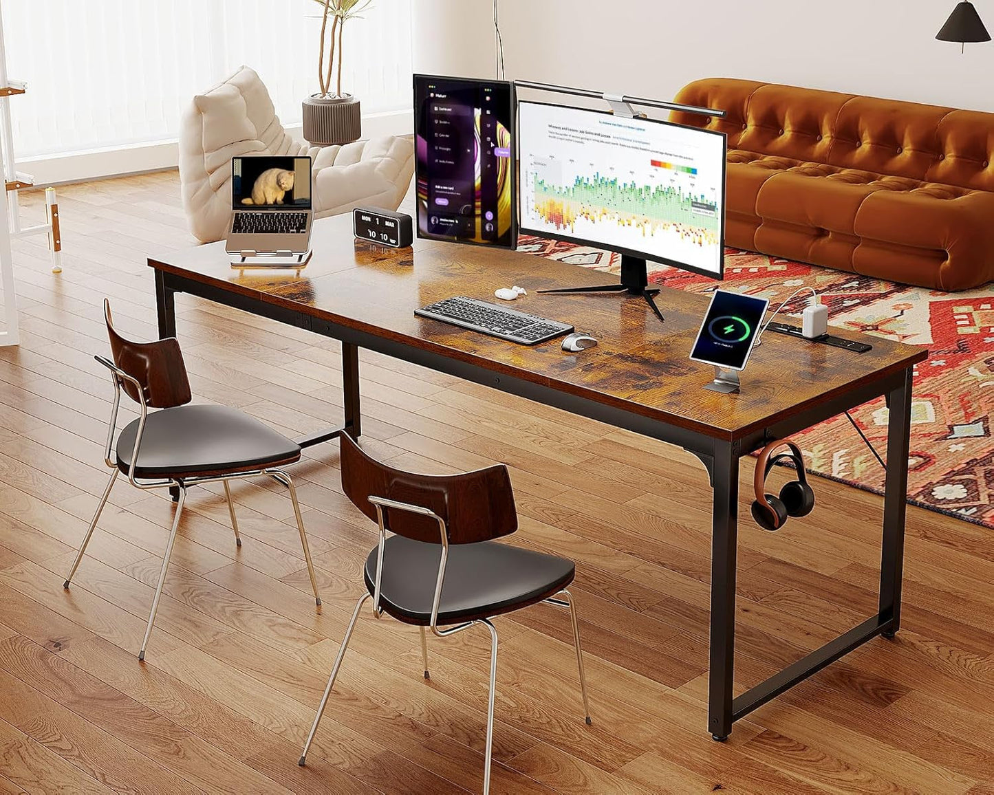 71 Inch Computer Desk with USB Ports, Large Office Desk, Long Study Student Writing Desk, Rustic Brown-3