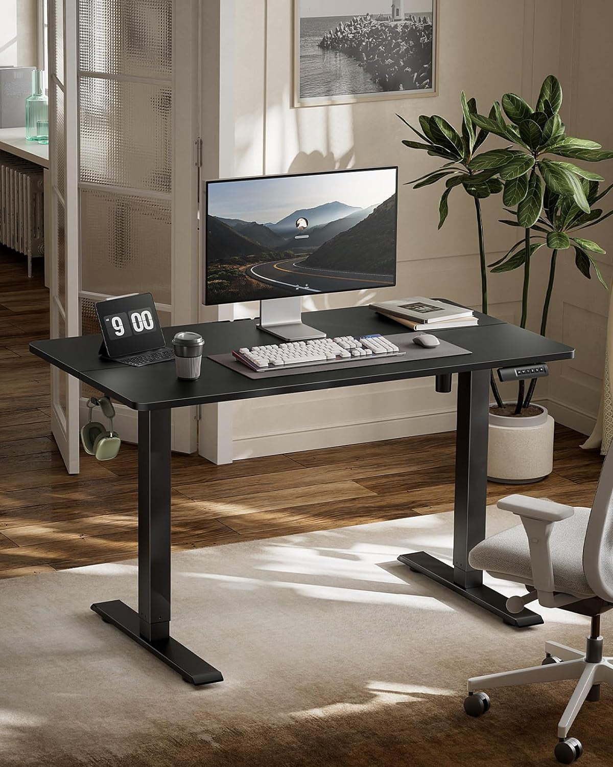 Standing Desk Adjustable Height Stand up Home Office Desk, 48X24 Inch Electric Standing Computer Desk, with 4 Memory Presets, Headphone Hook, Cable Organizer, Black-1