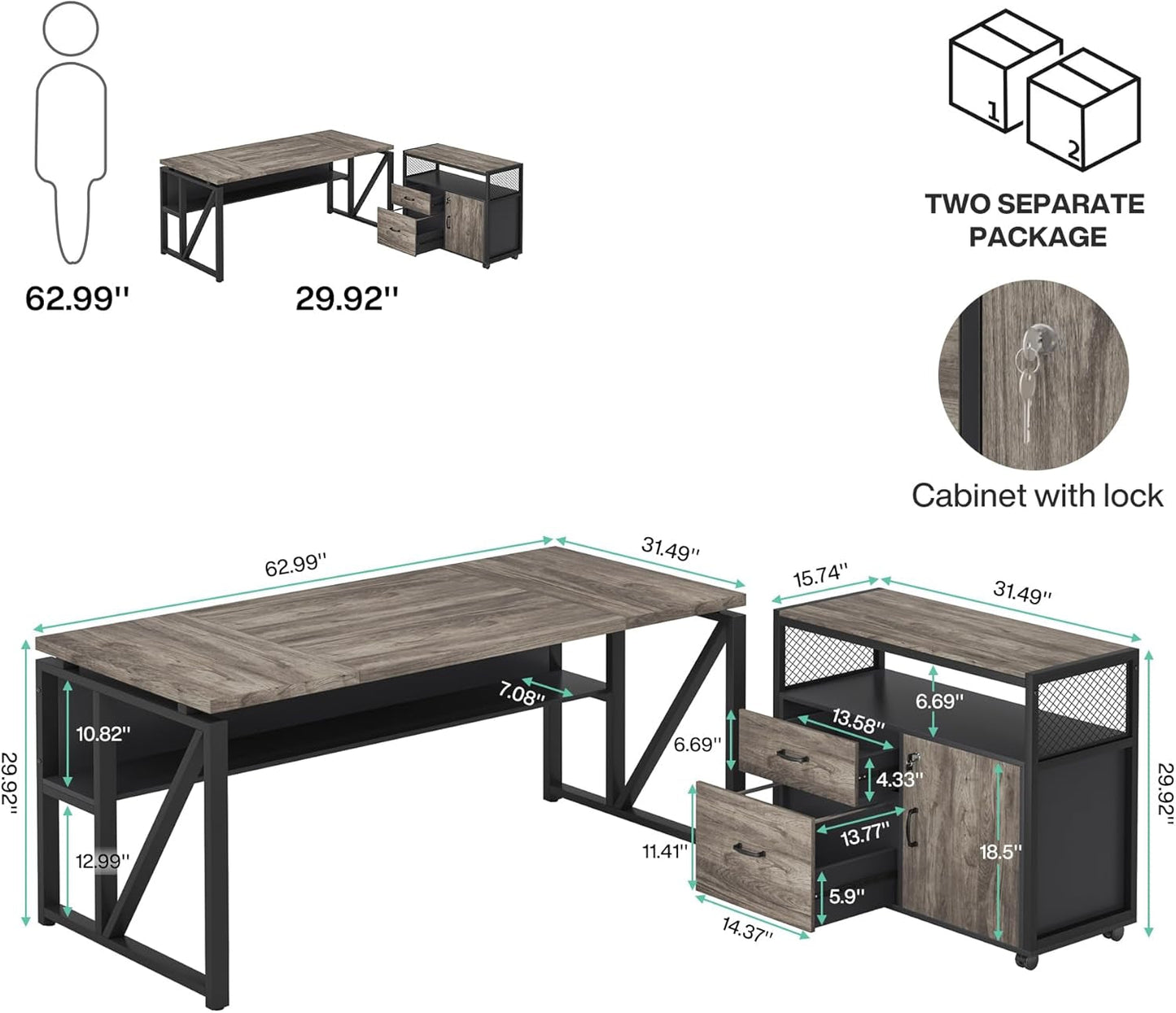 L Shaped Desk with Drawer Cabinet, 63" Executive Computer Desk and Lateral File Cabinet, 2 Piece Home Office Furniture with Drawers for Hanging File, Doors with Locks (Gray, 63 Inches)-1