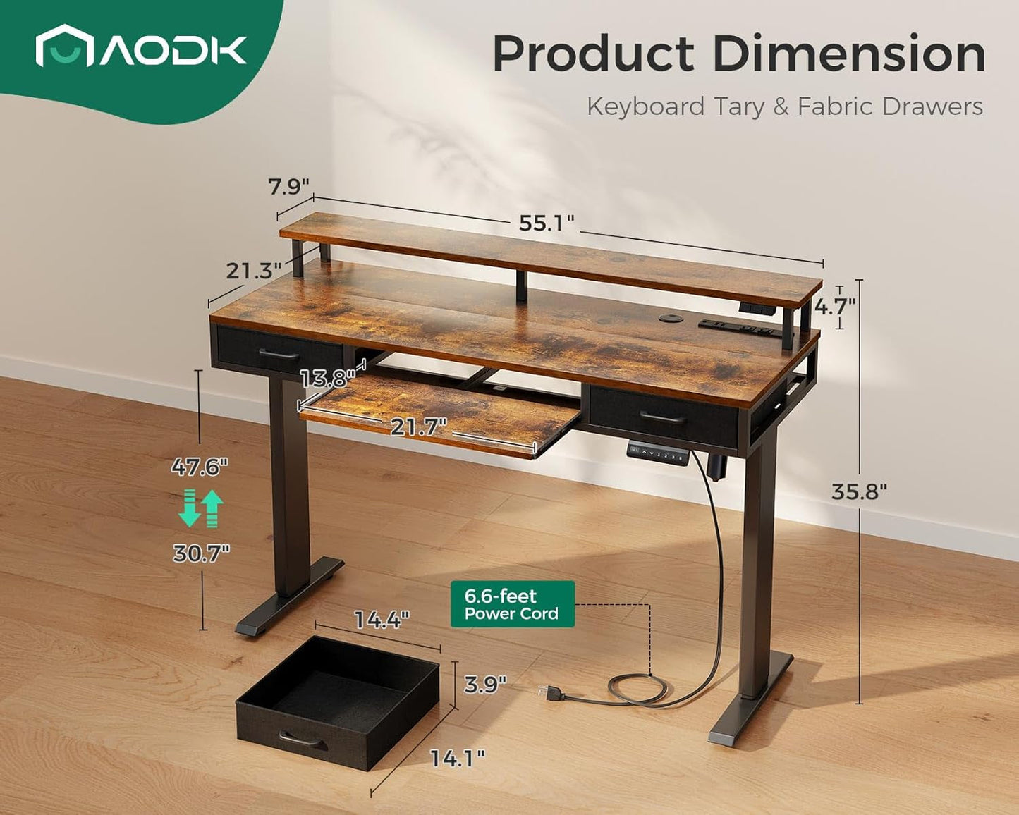 Electric Standing Desk with Drawers & Keyboard Tray, 55 Inch Height Adjustable Gaming Desk with Power Outlets & LED Lights, Sit Stand Table with Monitor Stand for Home, Office, Rustic Brown-2