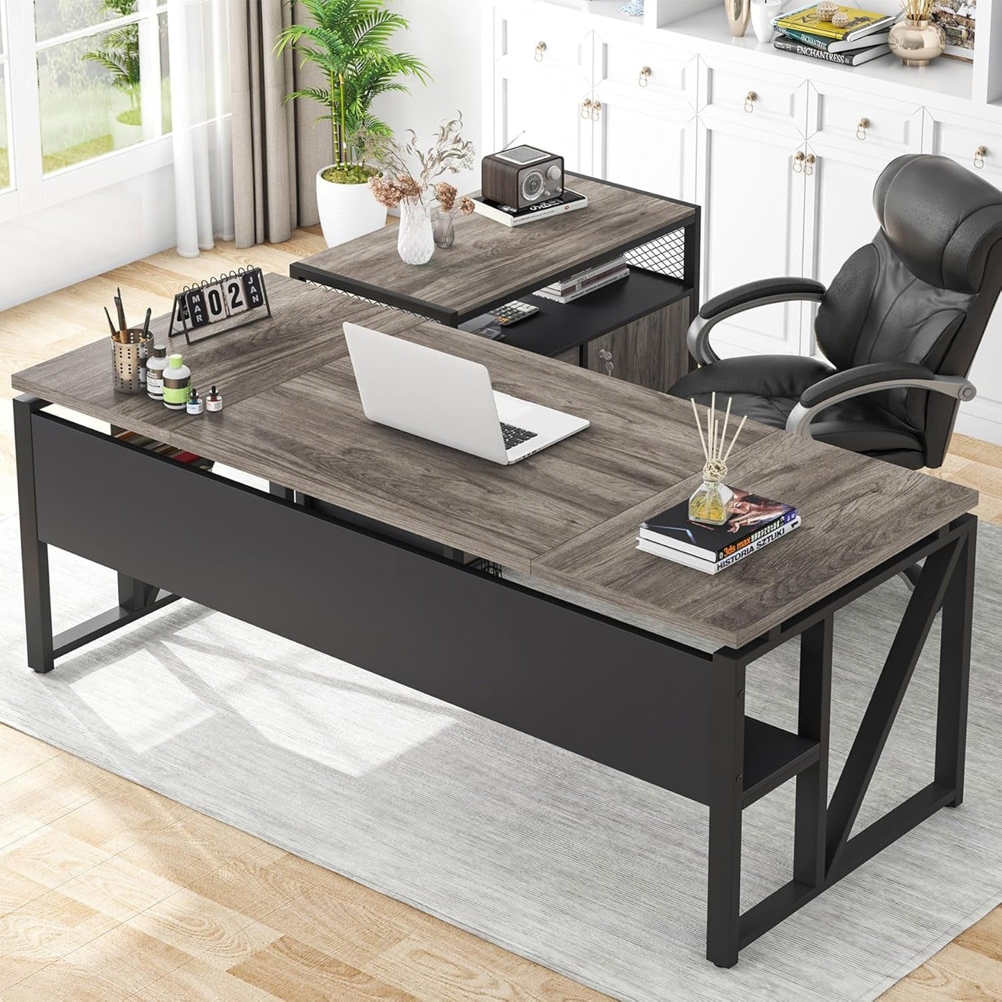 L Shaped Desk with Drawer Cabinet, 63" Executive Computer Desk and Lateral File Cabinet, 2 Piece Home Office Furniture with Drawers for Hanging File, Doors with Locks (Gray, 63 Inches)-0