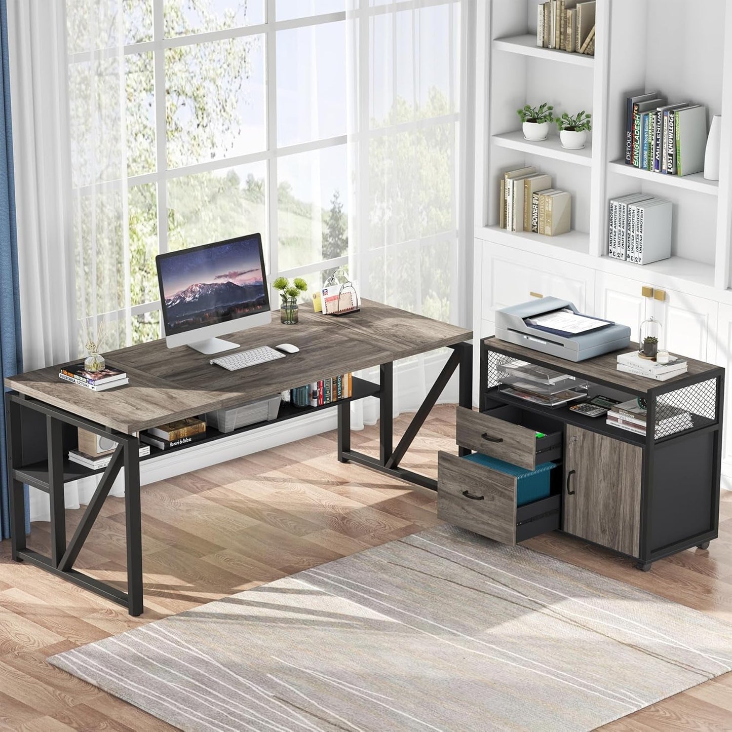 L Shaped Desk with Drawer Cabinet, 63" Executive Computer Desk and Lateral File Cabinet, 2 Piece Home Office Furniture with Drawers for Hanging File, Doors with Locks (Gray, 63 Inches)-2