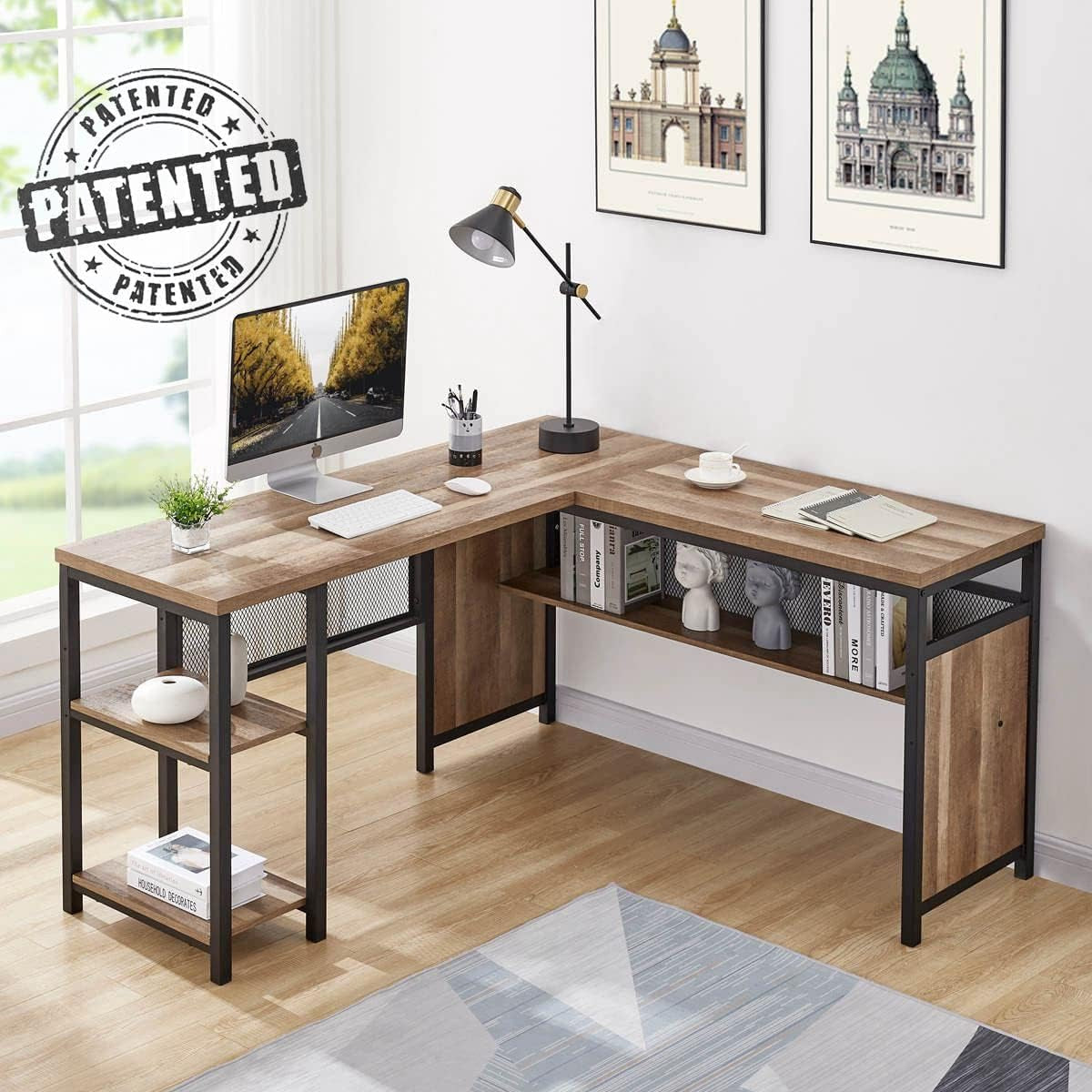 Rustic Industrial L-Shaped Office Desk with Shelves-3
