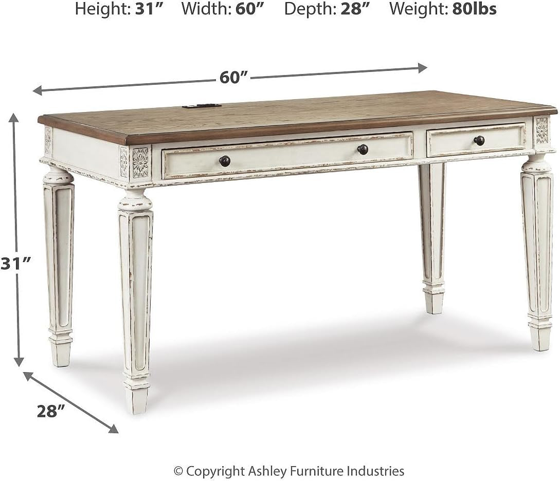 Realyn Farmhouse 60" Home Office Desk with USB Charging, Chipped White-2
