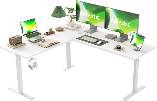 L Shaped Standing Desk Adjustable Height, Electric Corner Standing Desk, 63 X 55 Inch Sit Stand Computer Table with Splice Board, White-0