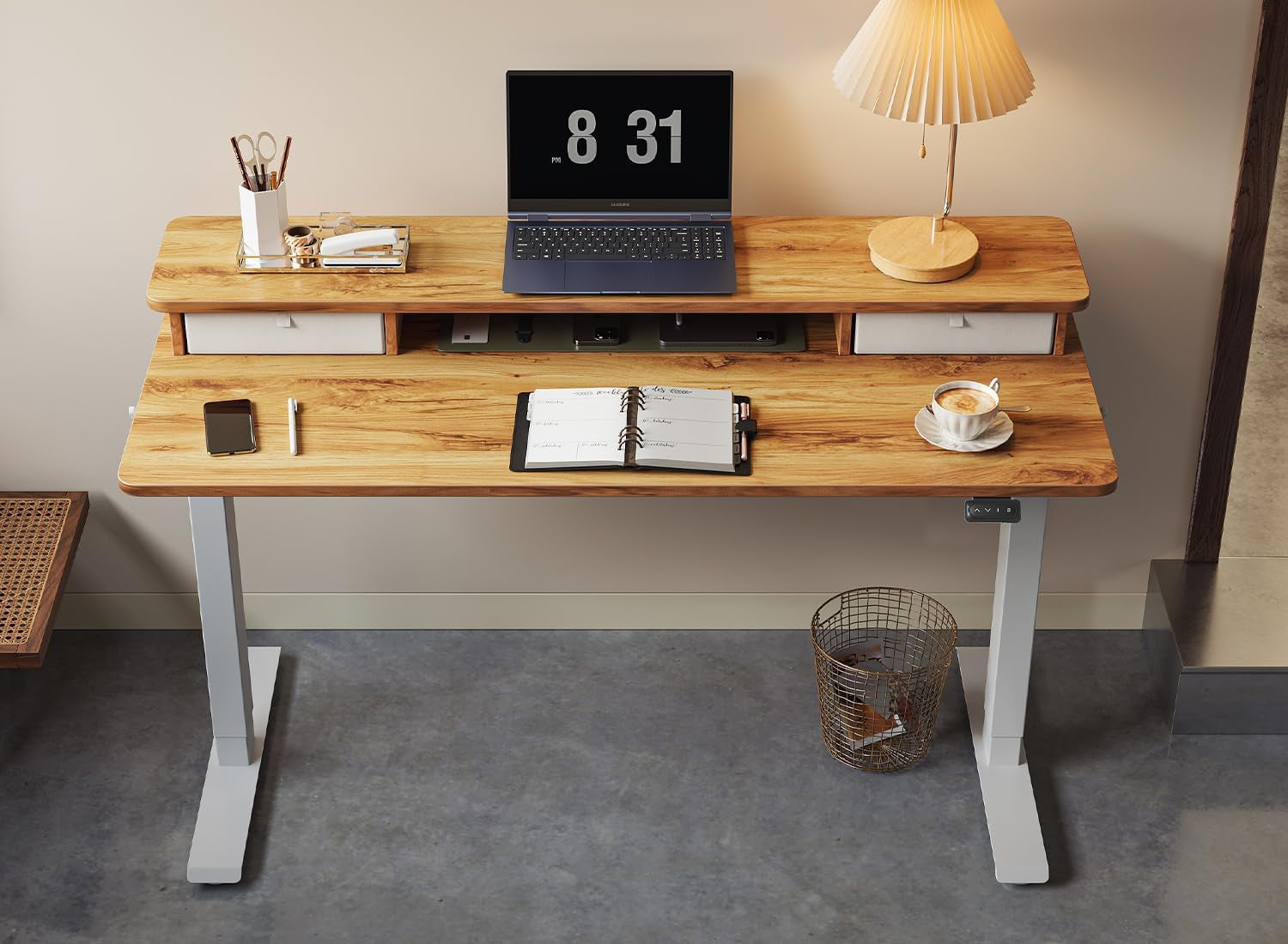 48 X 24 Inch Height Adjustable Electric Standing Desk with Double Drawer, Stand up Desk with Storage Shelf, Sit Stand Desk, Light Wood-3