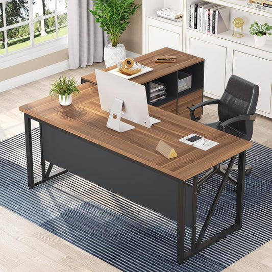 63 Inches Executive Desk and 47" Lateral File Cabinet, L-Shaped Computer Desk Home Office Business Furniture with Drawers and Storage Shelves, Office Table,Brown and Black-0