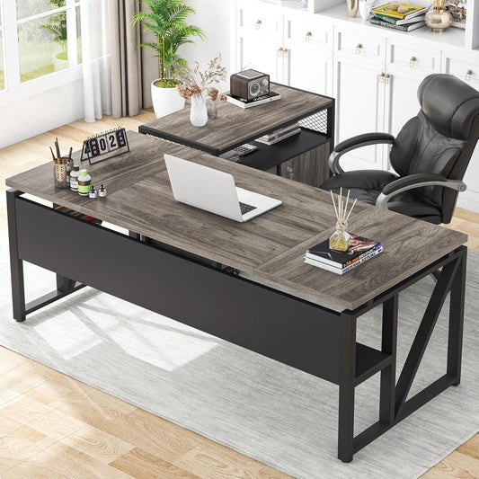 L Shaped Desk with Drawer Cabinet, 63" Executive Computer Desk and Lateral File Cabinet, 2 Piece Home Office Furniture with Drawers for Hanging File, Doors with Locks (Gray, 63 Inches)-0