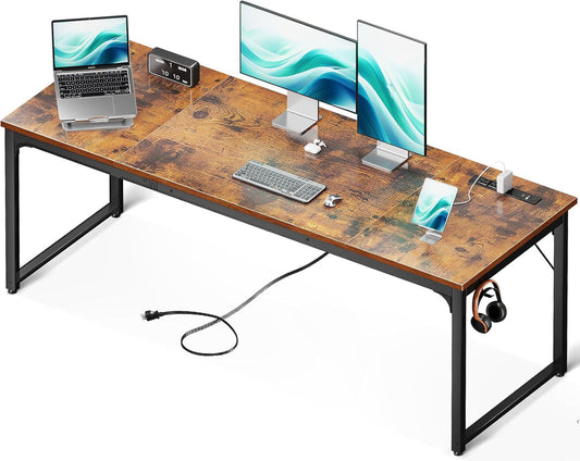 71 Inch Computer Desk with USB Ports, Large Office Desk, Long Study Student Writing Desk, Rustic Brown-0