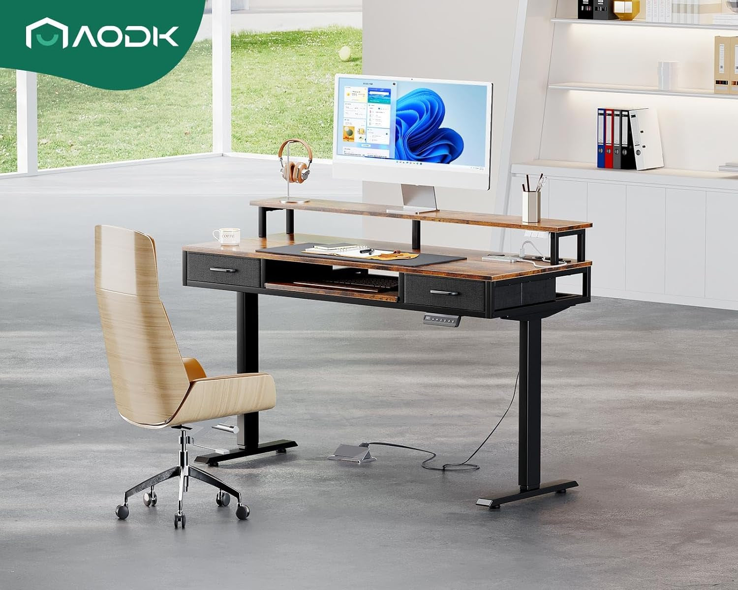 Electric Standing Desk with Drawers & Keyboard Tray, 55 Inch Height Adjustable Gaming Desk with Power Outlets & LED Lights, Sit Stand Table with Monitor Stand for Home, Office, Rustic Brown-1
